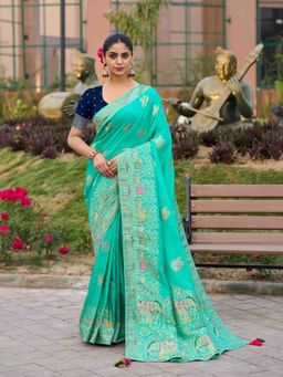 Sethnic Lifestyle - Green Dola Silk Hand Dyed Saree with Unstitched