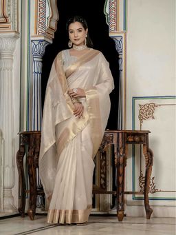 Sethnic Lifestyle - Beige Soft Linen Blend Hand Work Saree with Unstitched
