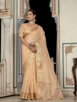 Sethnic Lifestyle - Peach Soft Linen Blend Hand Work Saree with Unstitched