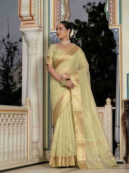 Sethnic Lifestyle - Green Soft Linen Blend Hand Work Saree with Unstitched