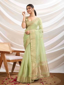 Sethnic Lifestyle - Linen Blend Woven Green Saree with Unstitched