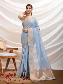 Sethnic Lifestyle - Linen Blend Woven Blue Saree with Unstitched