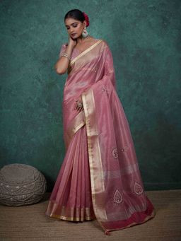 Sethnic Lifestyle - Linen Blend Self Woven Pink Saree with Unstitched