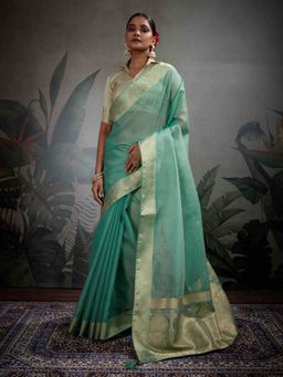 Sethnic Lifestyle - Cotton Linen Self Woven Summer Green Saree with Unstitched