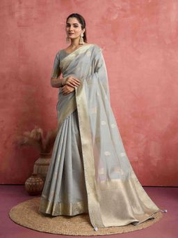 Sethnic Lifestyle - Soft Lichi Linen Self Woven Grey Saree with Unstitched