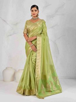 Sethnic Lifestyle - Green Soft Tissue Linen Handwork Saree with Unstitched