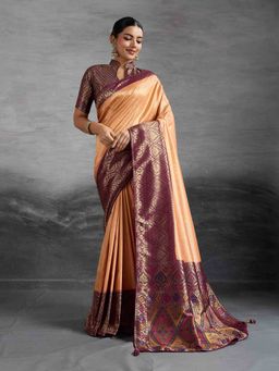 Sethnic Lifestyle - Chap Dyed Soft Kanjivaram Silk Peach Saree with Unstitched