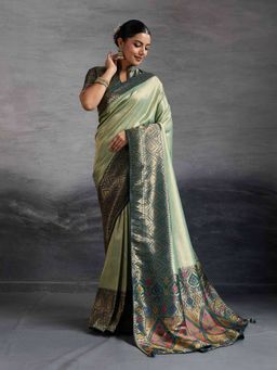 Sethnic Lifestyle - Chap Dyed Soft Kanjivaram Silk Green Saree with Unstitched