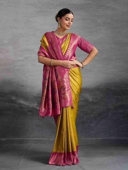 Sethnic Lifestyle - Chap Dyed Soft Kanjivaram Mustard Silk Saree with Unstitched