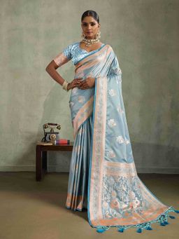 Sethnic Lifestyle - Satin Silk Meenkari Woven Blue Saree with Unstitched
