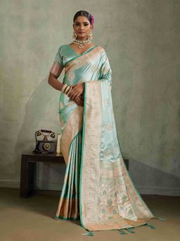 Sethnic Lifestyle - Satin Silk Meenkari Woven Green Saree with Unstitched