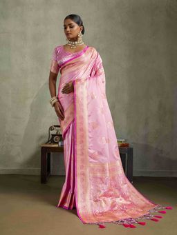 Sethnic Lifestyle - Satin Silk Meenkari Woven Pink Saree with Unstitched