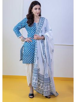 DHANNAK - Indigo Hand Block Printed Kurta And Sharara With Dupatta