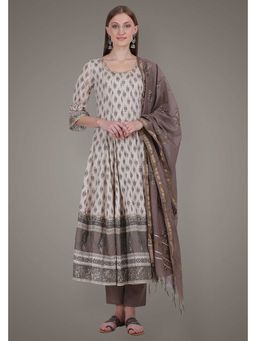DHANNAK - Beige Brown Block Printed Anarkali Kurta With Pant And Dupatta