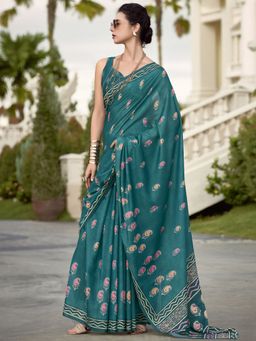 SATRANI - Blue Silk Cotton Printed Saree with Unstiched Blouse
