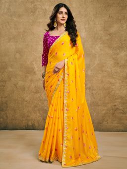 SATRANI - Yellow Pure Chiffon Printed Saree with Unstiched Blouse