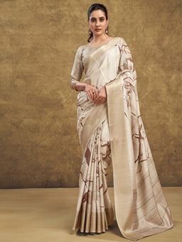 SATRANI - Cream Silk Blend Printed Saree with Unstiched Blouse