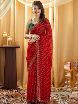 SATRANI - Red Pure Georgette Bandhani Saree with Unstiched Blouse