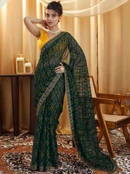 SATRANI - Green Pure Georgette Bandhani Saree with Unstiched Blouse