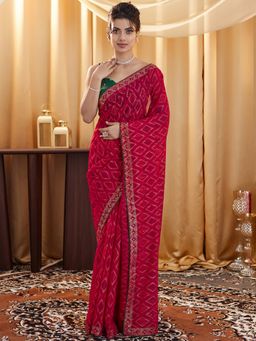 SATRANI - Pink Pure Georgette Bandhani Saree with Unstiched Blouse