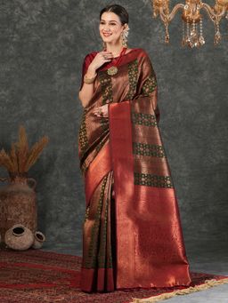 SATRANI - Green Silk Blend Jacquard Saree with Unstiched Blouse