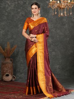 SATRANI - Maroon Silk Blend Jacquard Saree with Unstiched Blouse
