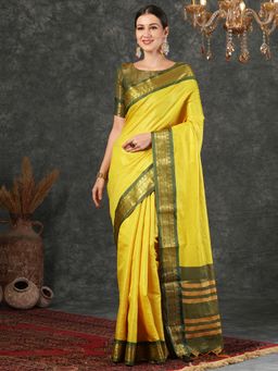 SATRANI - Yellow Silk Blend Jacquard Saree with Unstiched Blouse