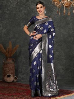 SATRANI - Blue Silk Blend Jacquard Saree with Unstiched Blouse