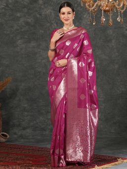 SATRANI - Pink Silk Blend Jacquard Saree with Unstiched Blouse