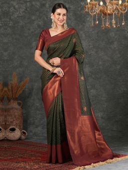 SATRANI - Green Silk Blend Jacquard Saree with Unstiched Blouse