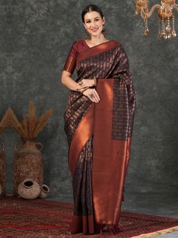 SATRANI - Navy Blue Silk Blend Jacquard Saree with Unstiched Blouse