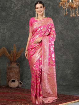 SATRANI - Pink Silk Blend Jacquard Saree with Unstiched Blouse