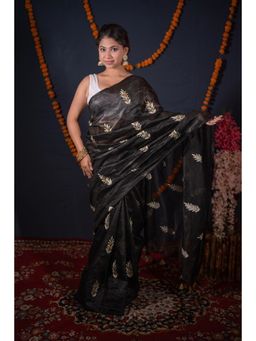 The Raksha Store - Parnika Leaf Silk Linen Saree with Unstitched Blouse