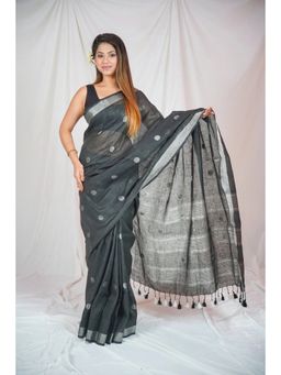 The Raksha Store - Midnight Elegance Dotted Black Linen Saree with Unstitched Blouse