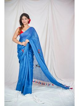 The Raksha Store - Floral Fantasy Blue Linen Saree with Unstitched Blouse