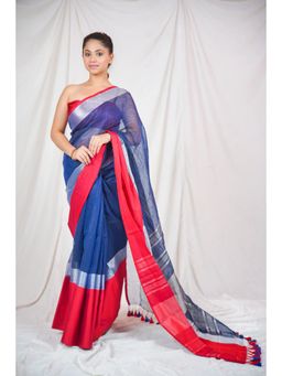 The Raksha Store - Oceanic Red Blue Linen Saree with Unstitched Blouse