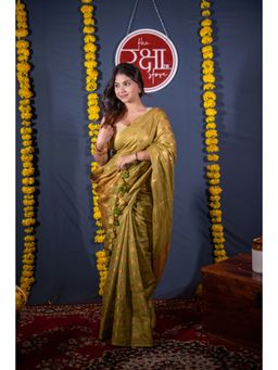 The Raksha Store - Swarnrekha Green Striped Linen Saree with Unstitched Blouse