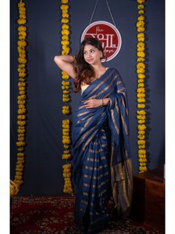 The Raksha Store - Mridula Blue Striped Linen Saree with Unstitched Blouse