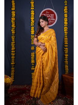 The Raksha Store - Abhirupa Yellow Striped Linen Saree with Unstitched Blouse