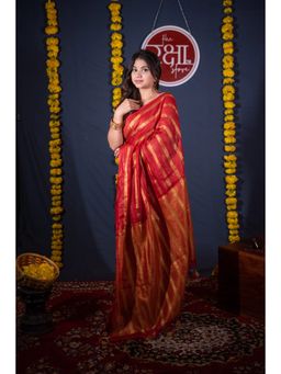 The Raksha Store - Dhvalima Red Striped Linen Saree with Unstitched Blouse