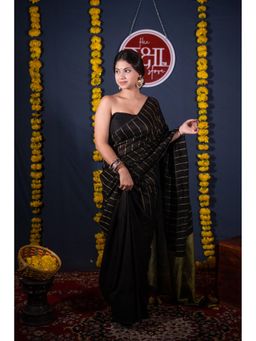 The Raksha Store - Tarushree Striped Black Linen Saree with Unstitched Blouse