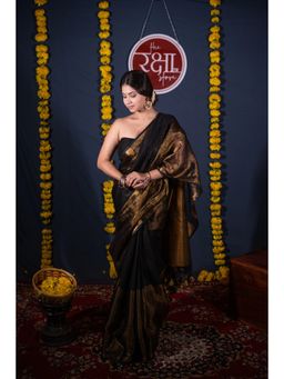 The Raksha Store - Sumanika Black/ Copper Linen Saree with Unstitched Blouse