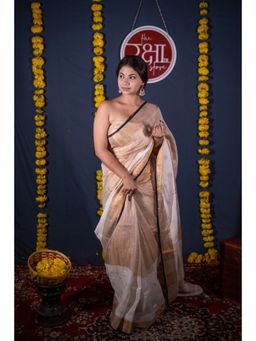 The Raksha Store - Mohini White Golden Linen Saree with Unstitched Blouse