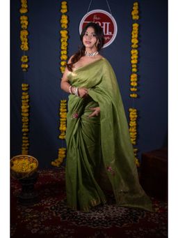 The Raksha Store - Kalyani Green Floral Silk Linen Saree with Unstitched Blouse