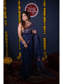 The Raksha Store - Chirprabha Blue Floral Silk Linen Saree with Unstitched Blouse