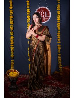 The Raksha Store - Aabha Kadhai Copper Zari Linen Saree with Unstitched Blouse