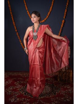The Raksha Store - Anandi Red Striped Zari Linen Saree with Unstitched Blouse