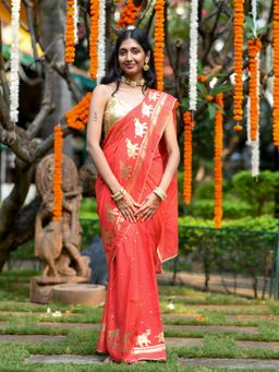 Suta - Red & Gold-Toned Polka Dot Printed Ready To Wear Saree.