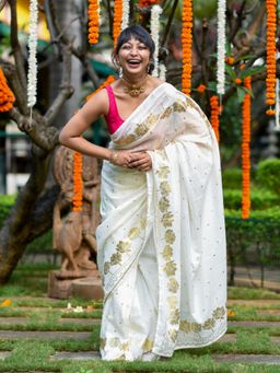 Suta - White and gold-toned Ready To Wear Saree.