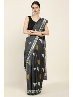 Soch - Charcoal Tussar Silk Printed Saree with Unstitched